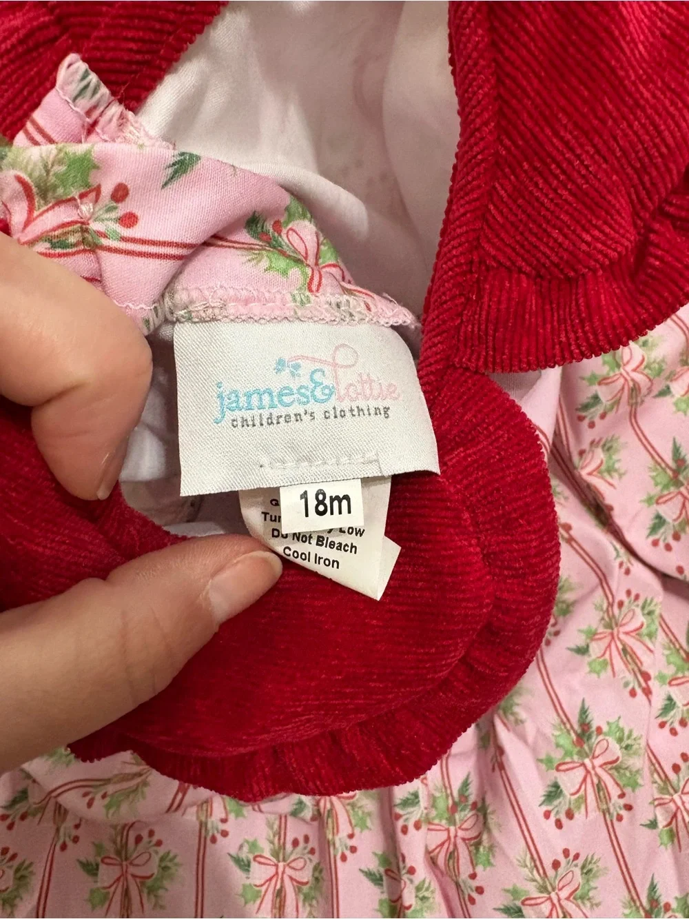 James & Lottie Christmas Bubble Romper Pink Holly Bows Red Cord Collar 18M